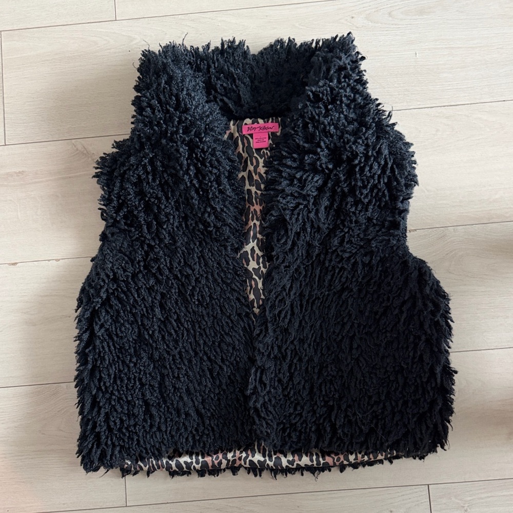 Betsey Johnson Vest Womens L Faux Fur Shaggy Button Leopard Lined Statement